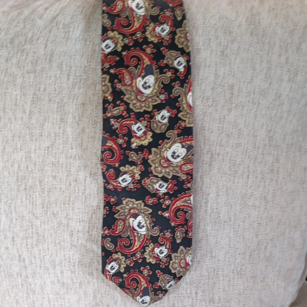 Black Mickey Mouse Pattern Tie with Red and Gold Accents - Men Accessories